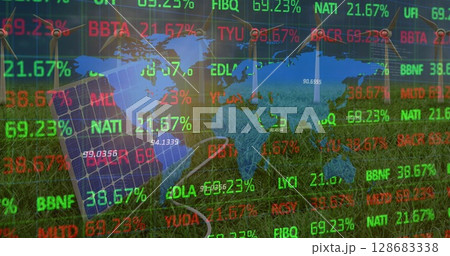 Image of financial data processing and world map over wind turbines and solar panel 128683338