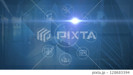 Image of network of connections with icons over blue background 128683394