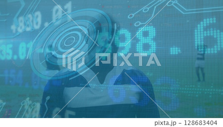 Image of data processing over woman wearing vr headset 128683404