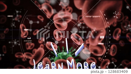 Learn more text and scope scanning over covid-19 cell and blood vessels against red background 128683409