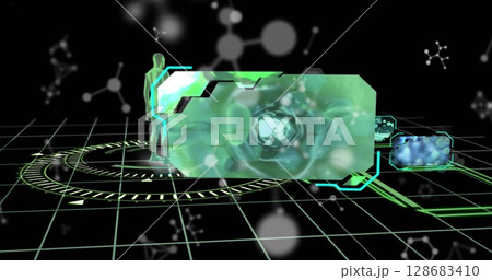 Molecular structures floating over human body model over a round scanner against black background 128683410