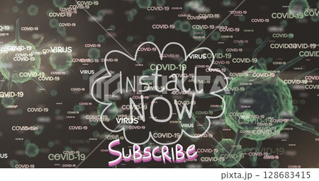 Install now and subscribe text against multiple covid-19 texts and covid-19 cells floating 128683415
