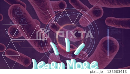 Floating rod-shaped bacteria drifting in lab interface, with hexagonal grid and Learn More text Floating rod-shaped bacteria drifting in lab interface, with hexagonal grid and Learn More text 128683418