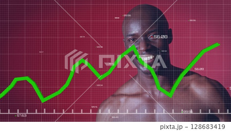 Image of data and graphs over happy african american man resting at gym 128683419