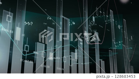 Image of financial data processing and mathematical equations over black background 128683453