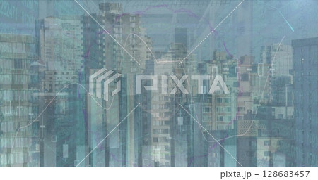 Image of financial data processing and mathematical equations over cityscape 128683457