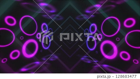 Image of tunnel with neon shapes over black background Image of tunnel with neon shapes over black background 128683477