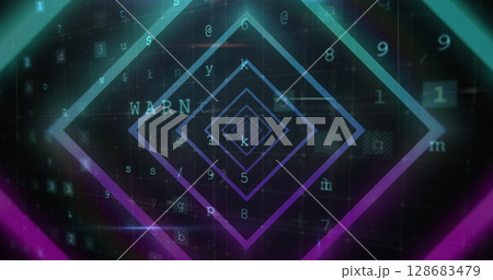 Image of tunnel with neon shapes over data processing on black background Image of tunnel with neon shapes over data processing on black background 128683479