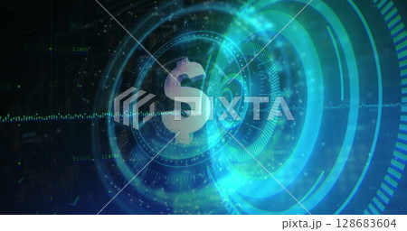 Dollar symbol spinning over neon blue round scanner against black background 128683604