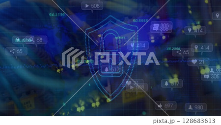 Multiple numbers over security shield and padlock icon against close up of a computer server 128683613