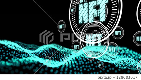 Nft text on multiple round scanners floating against green digital wave on black background Nft text on multiple round scanners floating against green digital wave on black background 128683617