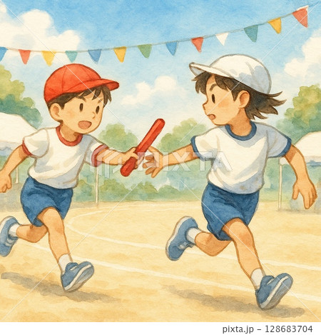 リレーでバトンを受け取る子どもたち リレーでバトンを受け取る子どもたち 128683704