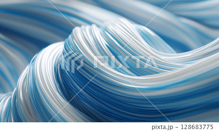 青と白の流れるストライプ模様の3Dアブストラクト(Blue and White 3D Flowin) 128683775