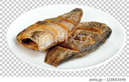 Fried Gourami fish in plate isolated Fried Gourami fish in plate isolated 128683846