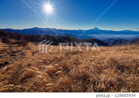 冬の乾徳山・扇平の草原から見る富士山 128683934