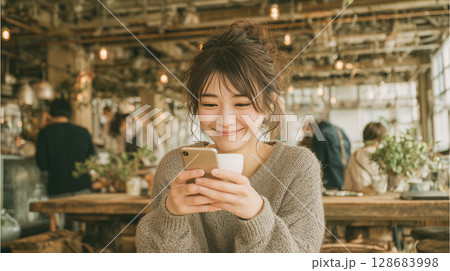 街中のカフェでコーヒーとスマホを楽しむ女性(Woman Relaxing with Coffee) 128683998