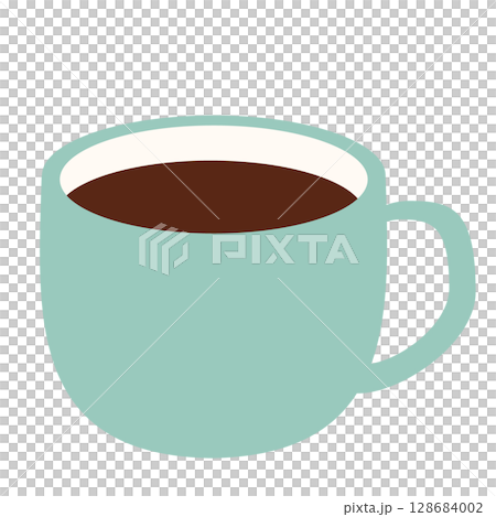 水色のマグカップに入ったコーヒーのシンプルでかわいいイラスト 128684002