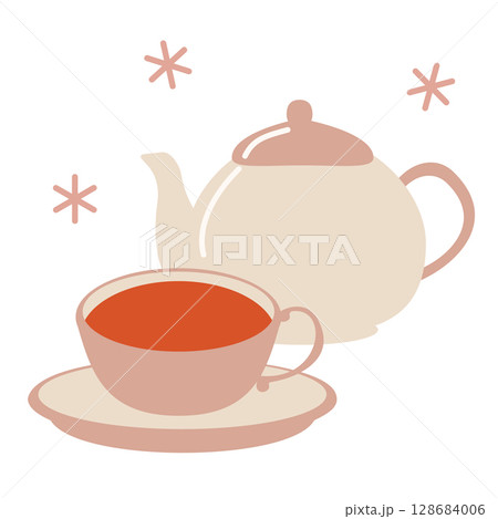 くすみカラーのティーポットとカップのかわいい紅茶のイラスト くすみカラーのティーポットとカップのかわいい紅茶のイラスト 128684006