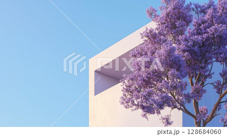 Building exterior simple minimalist building with purple flower tree decoration and blue sky 128684060