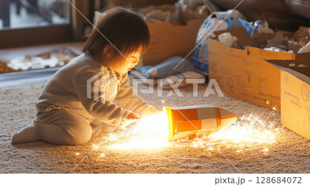 おもちゃのロケットで遊ぶ子どもと火花の演出( Child Playing with Toy Ro) 128684072
