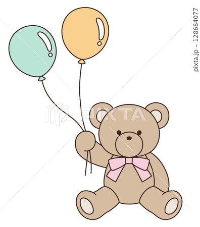 リボンをつけたかわいいくまのぬいぐるみのベクターイラスト。熊、アイコン、風船、テディベア 128684077