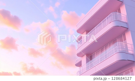 Simple minimal style modern pink building green tree tone and blue sky, bottom view 128684127
