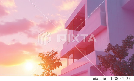 Simple minimal style modern pink building green tree tone and blue sky, bottom view 128684128