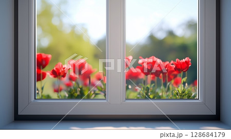 Window glass white metal frame corner in house with blurred red flower decoration 128684179