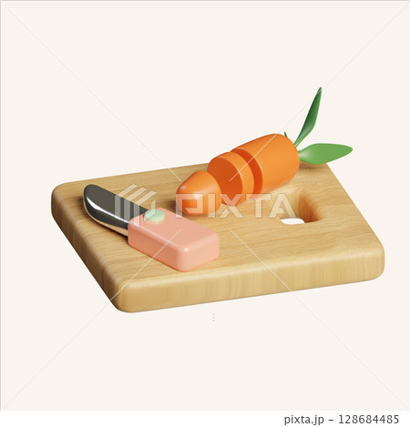 Minimal kitchen tool chopping board with knife and carrot in isometric style. 3D render illustration 128684485