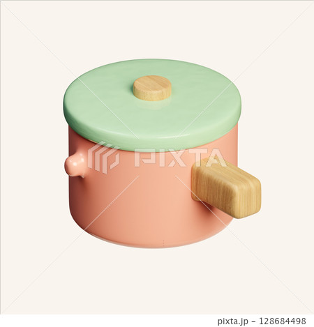 Minimal cooking pot in isometric style with wooden handle. 3D render illustration 128684498