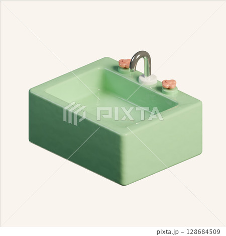 Isometric view of a green kitchen sink with faucet. 3D render illustration 128684509