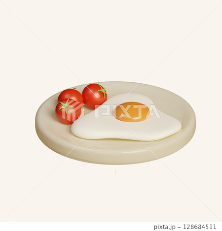 Minimalist 3D kitchen plate design with fried egg and tomatoes. Isometric render illustration 128684511