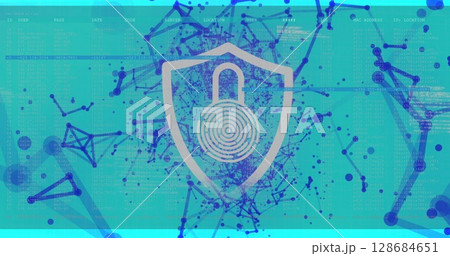 Image of digital shield with padlock over connections on blue background 128684651
