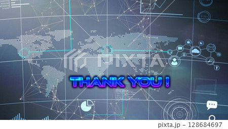 Image of thank you text over network of connections and world map Image of thank you text over network of connections and world map 128684697