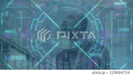 Image of data processing and scope scanning over african amercian businessman Image of data processing and scope scanning over african amercian businessman 128684734