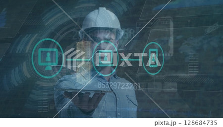 Image of data processing and scope scanning over biracial businessman 128684735