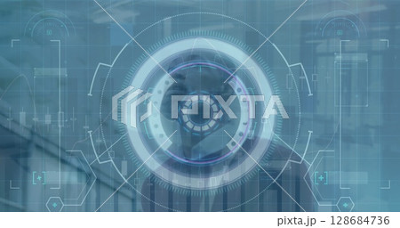 Image of data processing and scope scanning over african amercian businessman 128684736