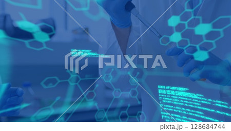 Image of data processing and chemical formula over diverse scientists in lab Image of data processing and chemical formula over diverse scientists in lab 128684744