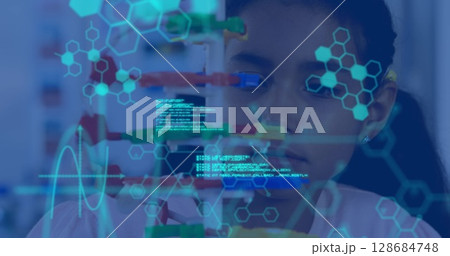 Image of data processing and chemical formula over biracial schoolgirl 128684748