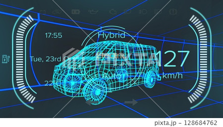 Image of car interface over digital van model on black background Image of car interface over digital van model on black background 128684762