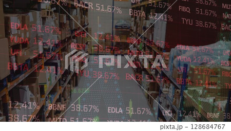 Image of stock market and financial data processing over empty warehouse Image of stock market and financial data processing over empty warehouse 128684767