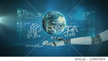 Image of robot's hand over globe and scientific data processing over screens Image of robot's hand over globe and scientific data processing over screens 128684804