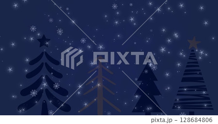 Image of snow falling over christmas trees in winter scenery 128684806