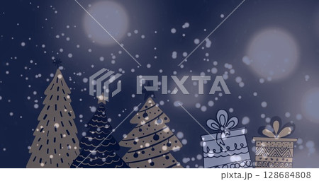 Image of snow falling over christmas trees and presents in winter scenery 128684808