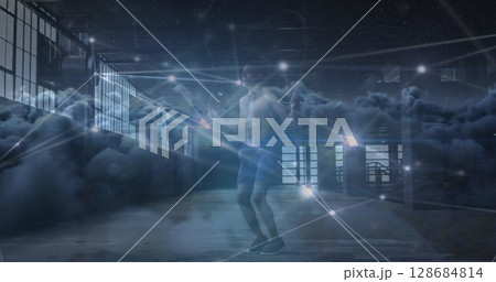 Image of data processing over clouds and caucasian sportsman jumping rope Image of data processing over clouds and caucasian sportsman jumping rope 128684814