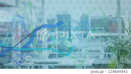 Image of data processing over cityscape and shapes 128684842