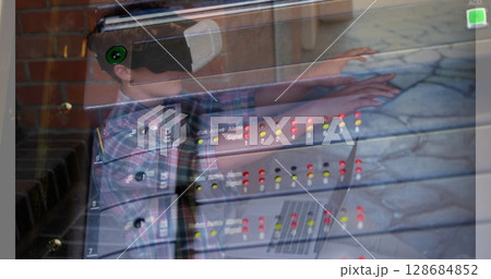 Image of server room over caucasian boy using vr headset Image of server room over caucasian boy using vr headset 128684852