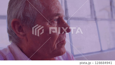 Image of grey texture moving over devastated caucasian senior man Image of grey texture moving over devastated caucasian senior man 128684941