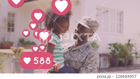 Image of falling love emoji over african american girl with dad 128684957