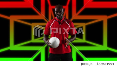 Image of african american male american football player with ball over shapes Image of african american male american football player with ball over shapes 128684994